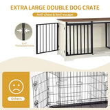 Hzuaneri 78" Dog Crate Furniture for 2 Dogs, Double Dog Cage with Divider, Wooden Heavy Duty Dogs Kennel, Pet Cage with Barn Door, TV Stand for Large Small Medium Dogs, White Brown DFC83714BV1 Hzuaneri