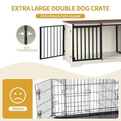 Hzuaneri 78" Dog Crate Furniture for 2 Dogs, Double Dog Cage with Divider, Wooden Heavy Duty Dogs Kennel, Pet Cage with Barn Door, TV Stand for Large Small Medium Dogs, White Brown DFC83714BV1 Hzuaneri
