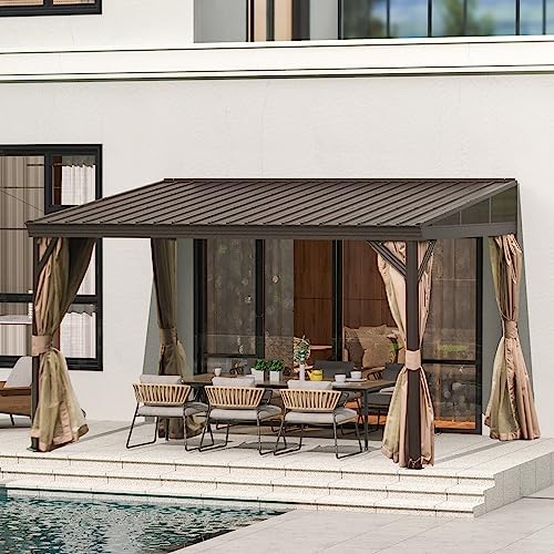 Domi 12x14FT Lean to Gazebo, Hardtop Wall Mounted Gazebo with Sloping Galvanized Steel Roof, Wall Pergola with Aluminum Frame, Curtains and Netting, for Patio, Deck, Garden, Backyard