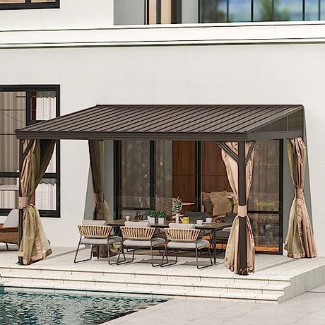 Domi 12x14FT Lean to Gazebo, Hardtop Wall Mounted Gazebo with Sloping Galvanized Steel Roof, Wall Pergola with Aluminum Frame, Curtains and Netting, for Patio, Deck, Garden, Backyard domi outdoor living