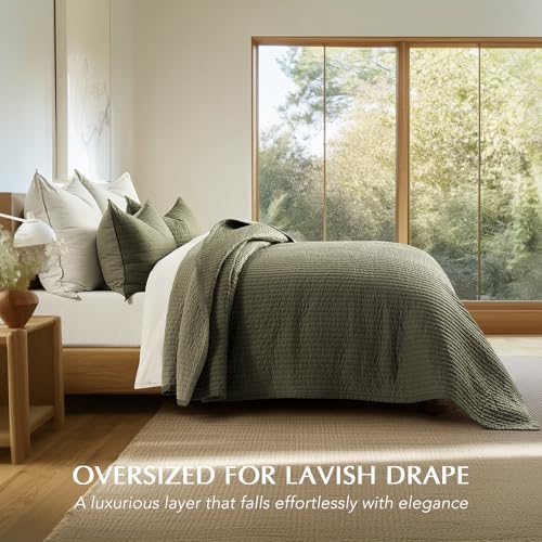 EVERGRACEHOME Cotton Sateen Quilt Set King Size, Pre-Washed Cotton Channel Stitch Coverlet Bedspread, 3 Pieces Lightweight Soft Bedding Sets for All Season, with 2 Pillow Shams, Olive Green EVERGRACEHOME