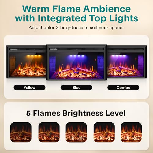 SereneLife Electric Fireplace Heater with LED Flame, Smart Wi-Fi, Remote, Thermostat, 13 Color Modes, Recessed or Wall Mounted Fire Place, Quiet Operation, Overheat Protection, Black Frame SereneLife