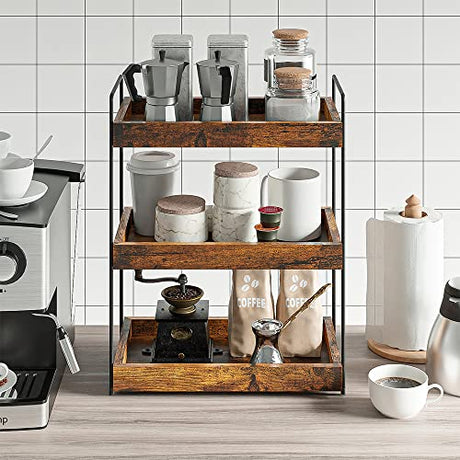 SANRETAHO Rustic Brown 3-Tier Wooden Bathroom and Kitchen Organiser Shelf SANRETAHO
