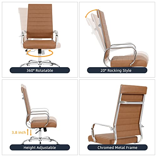 LANDSUN Home Office Chair High Back Executive Chair Ribbed Leather Computer Desk Chair with Armrests Soft Padded Adjustable Height Swivel Modern Conference Chrome Brown LANDSUN
