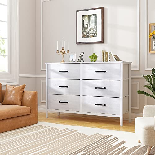 LYNCOHOME White Dresser with 6 Drawers, Wide Dresser for Bedroom and 50" TV, Entertainment Center with Metal Frame, Wooden Top, Fabric Drawers Dresser for Bedroom, Hallway, Entryway, White - WoodArtSupply