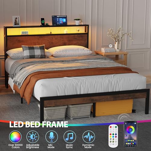 Flolinda King Size Bed Frame with Headboard, King Metal Bed Frame Storage with LED Lights & Charging Station,w/Solid 11 Bed Legs, No Box Spring Needed, Noise Free, Easy Assembly Flolinda