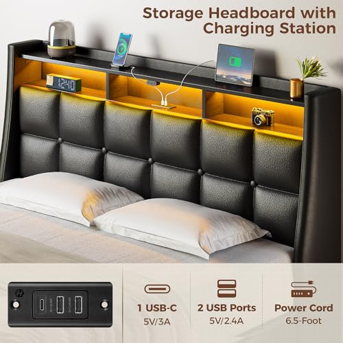 Rolanstar Full Size Bed Frame with LED Lights and Charging Station, PU Leather Bed Storage Headboard & Drawers, Heavy Duty Wood Slats, Easy Assembly, Black Rolanstar
