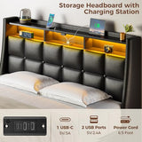 Rolanstar Full Size Bed Frame with LED Lights and Charging Station, PU Leather Bed Storage Headboard & Drawers, Heavy Duty Wood Slats, Easy Assembly, Black Rolanstar