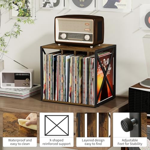 VYUOL Vinyl Record Storage,Vinyl Record Holder Up to 80-100 Albums,4-Compartment Record Player Stand for Magazine,Book,CD,Files,Albums VYUOL