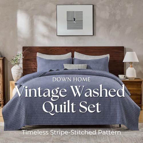DOWN HOME Queen Quilt Bedding Set with Shams, Vintage Washed Soft Quilted Blanket Thin Comforter Lightweight Bedspread Coverlet Bed Cover, Brushed Microfiber Stripe Stitching, Vintage Denim, 86"x90" DOWN HOME