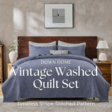 DOWN HOME Queen Quilt Bedding Set with Shams, Vintage Washed Soft Quilted Blanket Thin Comforter Lightweight Bedspread Coverlet Bed Cover, Brushed Microfiber Stripe Stitching, Vintage Denim, 86"x90" DOWN HOME