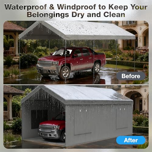 Carport Canopy Replacement Sidewall 20x6.6 FT Fits 10x20, 12x20, 20x20 FT Carport with Roll-up Windows, Waterproof & UV Protected, Easy Assembly with Ball Bungees, Grey (Sidewall Only, 1 Pack) FLOUREE