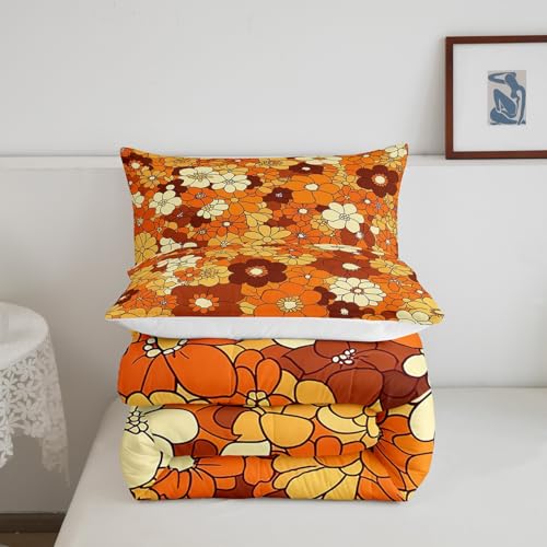 Boho Floral Bedding Set Full Retro Groovy Flowers Down Comforter 60S 70S Hippie Flower Power Comforter Set For Kids Girls Women Groovy Natural Garden Botanical Quilt Duvet 2 Pillow Cases Orange Brown Erosebridal