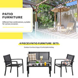 Shintenchi 4 Pieces Patio Furniture Set All Weather Textile Fabric Outdoor Conversation Set, with Glass Coffee Table, Loveseat, 2 Single Chairs for Home, Garden, Lawn, Porch（Black） Shintenchi