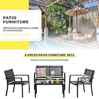 Shintenchi 4 Pieces Patio Furniture Set All Weather Textile Fabric Outdoor Conversation Set, with Glass Coffee Table, Loveseat, 2 Single Chairs for Home, Garden, Lawn, Porch（Black） - WoodArtSupply