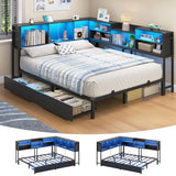 Hasuit Corner Bed Frame Full with 2 Drawers and Storage Bookcase, Daybed with Charging Station and LED Lights, Metal Platform Bed with Bookshleves, Full Size Bed Frame for Kids Teens Guests, Black Hasuit