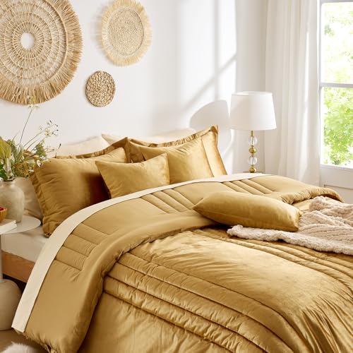 MUSSEL Bedding Comforter Set Queen Size 3 Pieces-Luxury Shiny Gold Striped Lightweight Bedroom Comforter Queen Size,Soft Velvet Bed Set with 2 Shams MUSSEL