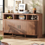 IRONCK 55" Sideboard Buffet Cabinet with Storage, Fluted Credenza with Sliding Door & Open Shelf, Mid Century Modern Accent Coffee Bar Console Table for Kitchen, Living Room, Entryway, Walnut IRONCK