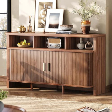 IRONCK 55" Sideboard Buffet Cabinet with Storage, Fluted Credenza with Sliding Door & Open Shelf, Mid Century Modern Accent Coffee Bar Console Table for Kitchen, Living Room, Entryway, Walnut IRONCK