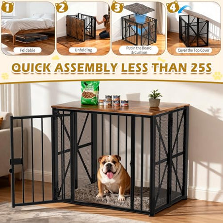 Dog Crate Furniture Foldable with Dog Bed Mat, 27" No Assembly Decorative Dog Kennel Indoor, Heavy Duty Small Collapsible Dog Crates for Small Dogs (Under 25 lb), Wooden Dog Cage TNELTUEB