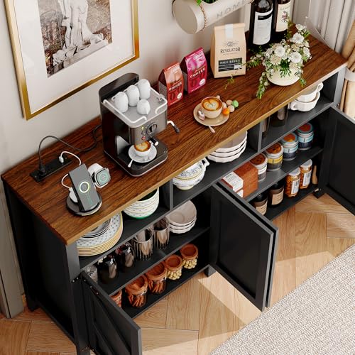 knoworld Buffet Sideboard with Storage with Power Outlets & LED Light 4 Doors, 55'' Large Farmhouse Kitchen Storage Cabinet Wood Coffee Bar Cabinet Buffet Table for Kitchen, Dining Room, Entryway knoworld