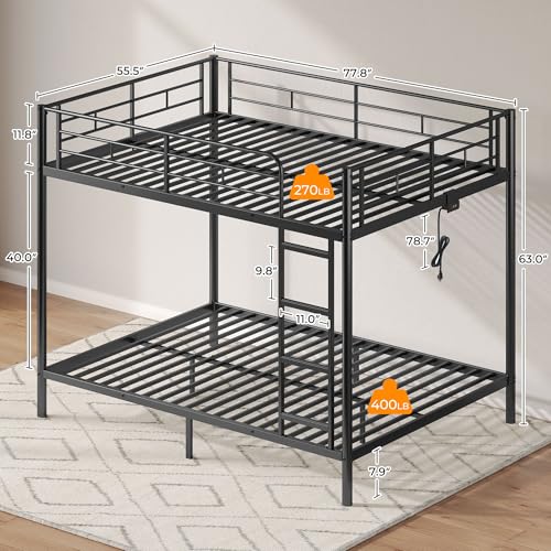 Rolanstar Metal Bunk Bed Full Over Full with USB Charging Station, LED Bunk Bed & Space-Saving, Bed with Safety Guardrail & Ladders, No Box Spring Needed, Easy Assembly, Black Rolanstar