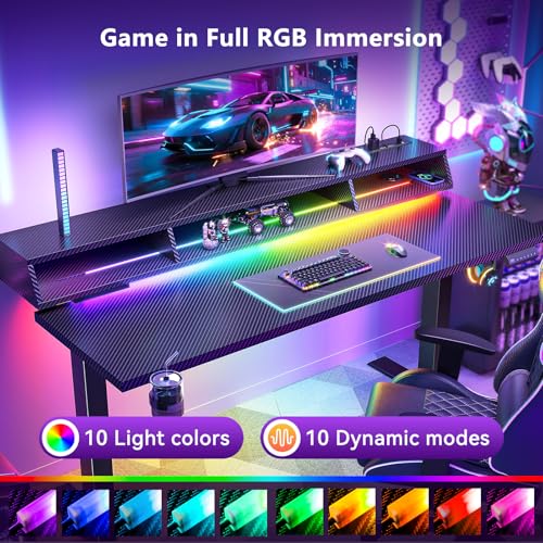 OffiGo Gaming Standing Desk with LED Light, 55 Inch Electric Height Adjustable Table with Power Outlet & Monitor Stand, Sit Stand Computer Workstation for Home, Bedroom, Black OffiGo