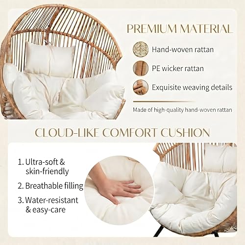 Oversized Outdoor Wicker Egg Chair Set of 2, Patio Lounge Chair Basket Seat with Thick Cushion, All Weather Indoor Outdoor Porch Rockers for Balcony, Living Room, Lawn Garden