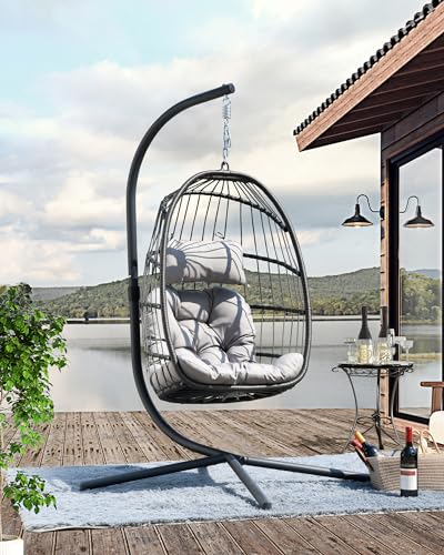 FREDEES Egg Swing Chair with Stand, Outdoor Hanging Egg Chair with Cushion for Patio/Porch/Balcony/Indoor (Light Gray) FREDEES