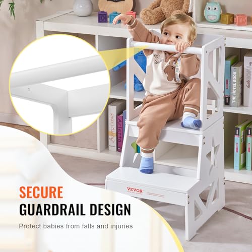 VEVOR Toddler Step Stool, Natural Pine Wood Kids Kitchen Stool Helper with Safety Rail, Standing Tower Learning Stool for Bedroom Bathroom Kitchen Counter, 150LBS Loading Capacity, White VEVOR
