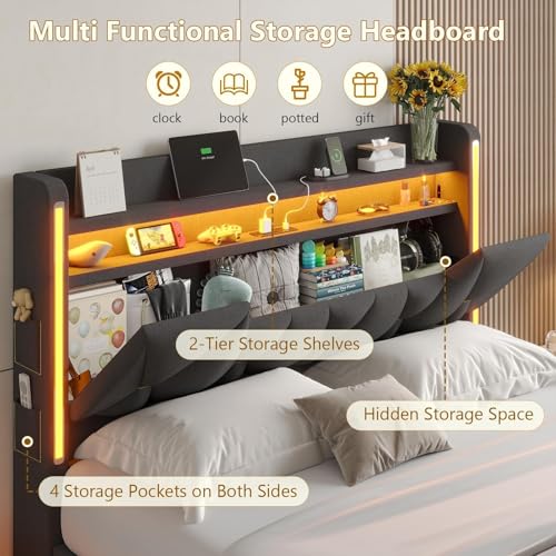 Queen Bed Frame with Headboard,Bed Frame Queen Size with LED Lights & Charging Station,Floating Queen Bed Frame with Storage Openable Marshmallow Headboard,No Box Spring Needed,Noise-Free,Dark Gray BYSAUD