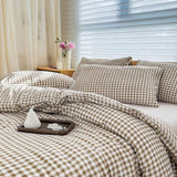 NSNLGSGC Queen Comforter Set, Tan Gingham Bedding Comforter Sets, Brown Grid Bed Comforter 3 Pieces (1 Comforter, 2 Pillowcases) NSNLGSGC