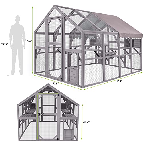 Large Cat Run Wooedn Cat Houses Outdoor Enclosure, Catio Cat Cage Kitten Condo-Backyard Run Cage for Pets, Weather Proof Cover- 110" L - WoodArtSupply