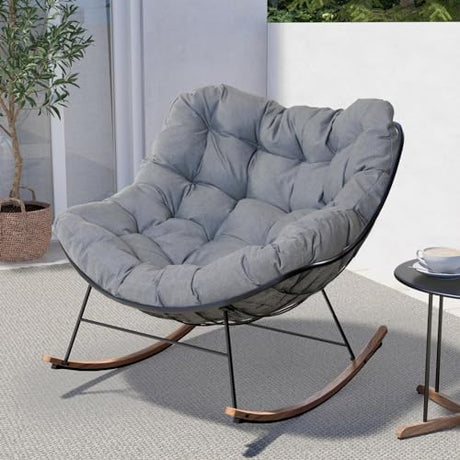 Grand patio Rocking Chair Outdoor, E-Coated Papasan Rocking Chair with Cushion, Outdoor Rocker Recliner Chair for Patio Porch Garden Backyard, Grey Grand patio