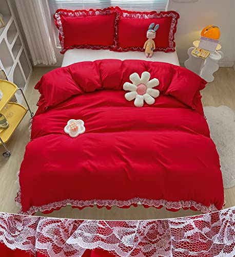 MOOWOO Christmas Chic Ruffle Lace Polyester Duvet Cover Set -Girl Red Bedding-2 Piece Twin Duvet Cover with Zipper Closure -Ultra Soft and Light Weight MOOWOO