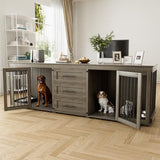 OUYESSIR 94.5" Large Dog Crate Furniture for 2 Dogs, Double Wooden Dog Kennel Furniture with 4 Dog Bowls & 3 Drawers, Heavy Duty Indoor Furniture Style Dog Cage TV Stand/Table/House, Grey OUYESSIR