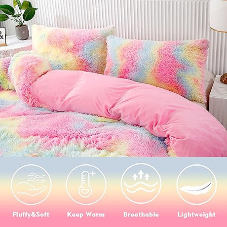 PERFEMET Pink Faux Fur Fluffy Comforter Twin 3-Piece Colorful Rainbow Plush Shaggy Bedding Sets for Girls Tie Dye Fuzzy Furry Comforter Set(Pink, Twin) PERFEMET