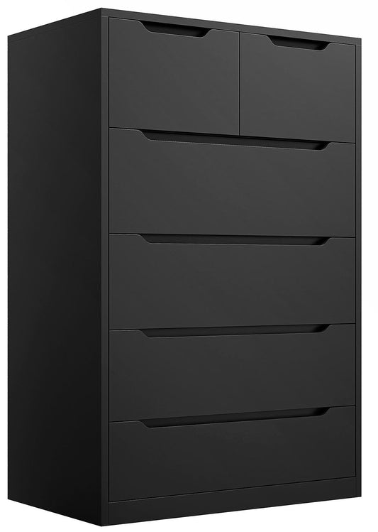 EnHomee Dresser for Bedroom, Dresser with 6 Wood Drawers, Black Dresser and Tall Dresser with Large Organizer, Wood Dressers & Chests of Drawers with Smooth Metal Rail, Black - WoodArtSupply