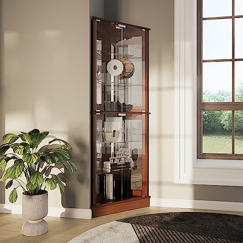 BELLEZE Lighted Accent Corner Display Curio Cabinet with Tempered Glass Doors and Shelves, Classic Wood Cabinet with Bulb, Corner Curio Storage Rack