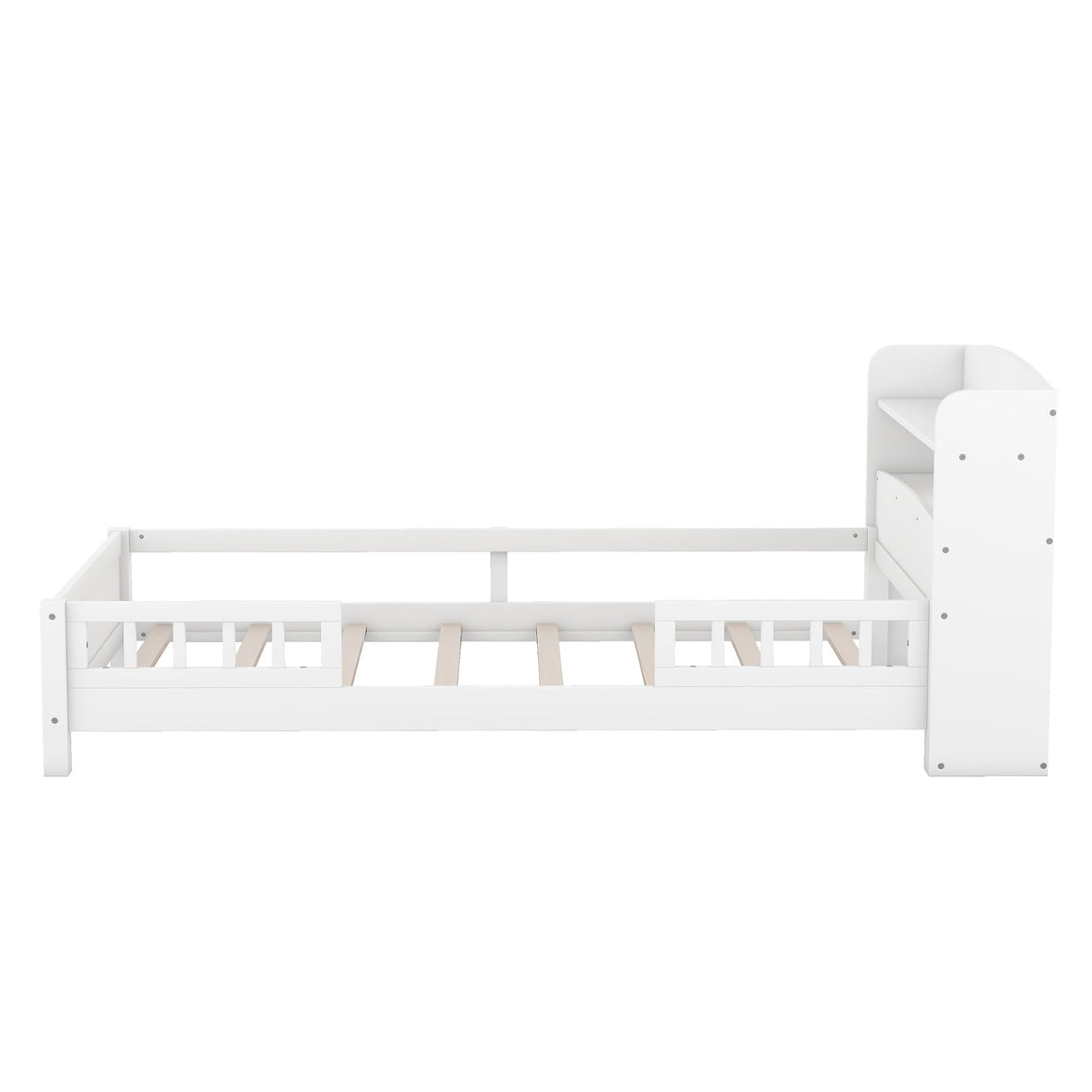 SOFTSEA Twin Size Antique White LED Platform Bed with Storage Headboard and Safety Guardrails SOFTSEA