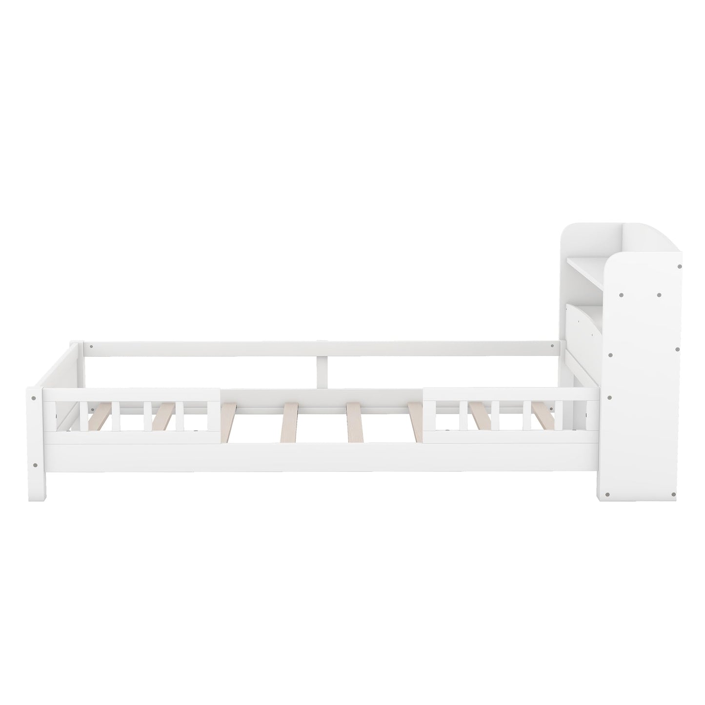 SOFTSEA Twin Size Antique White LED Platform Bed with Storage Headboard and Safety Guardrails - WoodArtSupply