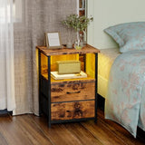 Fixwal Night Stand with Charging Station, LED Nightstand with U-S-B Ports and Outlets, 2 Fabric Storage Drawers with PU Finish, Bedside Table, Rustic Brown Fixwal