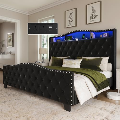 Belffin King Size Bed Frame and Headboard, 50.9" Velvet Upholstered Wingback Bedframe with LED Lights & Storage/Charging Station, Button Tufted Tall Footboard, No Box Spring Needed, Noise-Free, Black Belffin