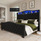 Belffin King Size Bed Frame and Headboard, 50.9" Velvet Upholstered Wingback Bedframe with LED Lights & Storage/Charging Station, Button Tufted Tall Footboard, No Box Spring Needed, Noise-Free, Black Belffin