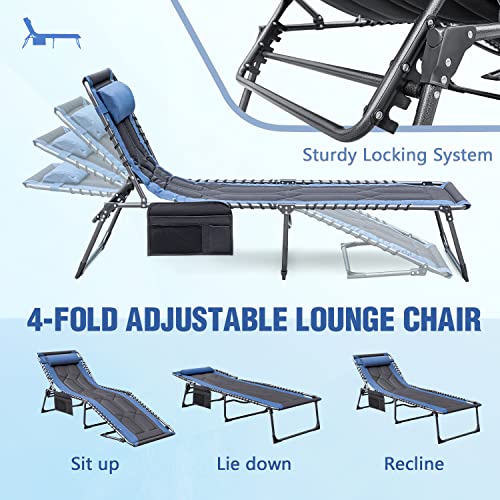 Devoko 4-Fold Padded Portable Folding Outdoor Chaise Lounge Heavy Duty Reclining Chair with Pillow & Side Pocket for Patio, Beach, Pool, Camping, Sunbathing (Blue)
