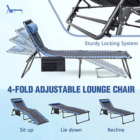 Devoko 4-Fold Padded Portable Folding Outdoor Chaise Lounge Heavy Duty Reclining Chair with Pillow & Side Pocket for Patio, Beach, Pool, Camping, Sunbathing (Blue) Devoko