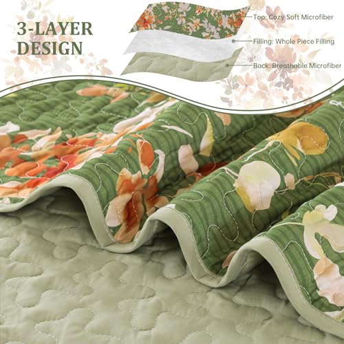 Dobuyly Green Floral Quilt Set King Size, Botanical Flowers Bedspreads Coverlet Set, 3 Pieces Soft Lightweight Microfiber Quilt Bedding Set for All Seasons 110"x90" Dobuyly