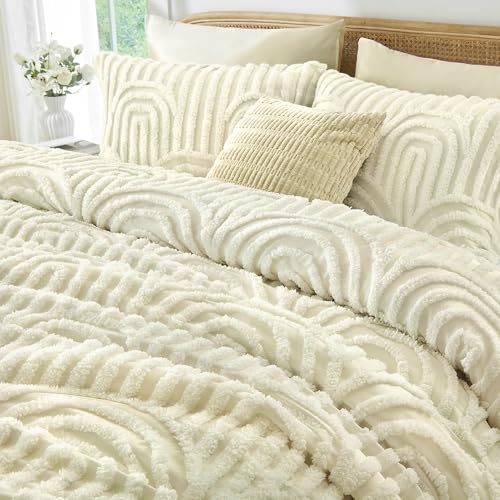 Nesker Boho Queen Comforter Set, 7 Pcs Tufted Beige Bedding Sets, Soft Cozy Chic Bed in a Bag, Arch Pattern Shabby Bed Set All Season with Comforter, Fitted Sheet, Flat Sheet & Pillowcases Nesker