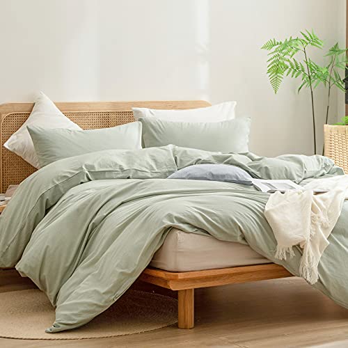BESTOUCH Duvet Cover Set 100% Washed Cotton Linen Feel Super Soft Comfortable Chic Lightweight 2 PCs Home Bedding Set Solid Sage Green Twin/Twin XL BESTOUCH
