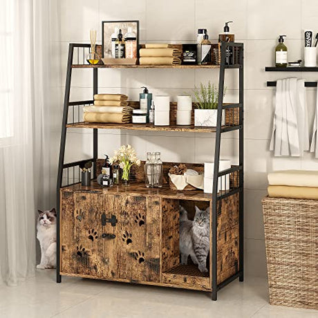 DKLGG Cat Litter Box Enclosure with 3 Shelve, Large Wood Cat Litter Box Furniture with Hook and Scratch, Hidden Wood Sturdy Cat Washroom, Fit Most of Litter Box DKLGG